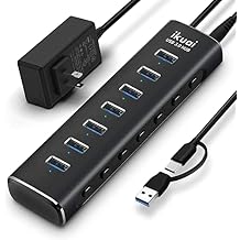 Powered USB 3.0 /USB C Hub, ikuai Aluminium 7-Port USB Hub Splitter with AC Adapter LED Individual On/Off Switches and 3.3ft Extended Long Cable for Laptop, Mac, PC, Flash Drive, Mobile HDD