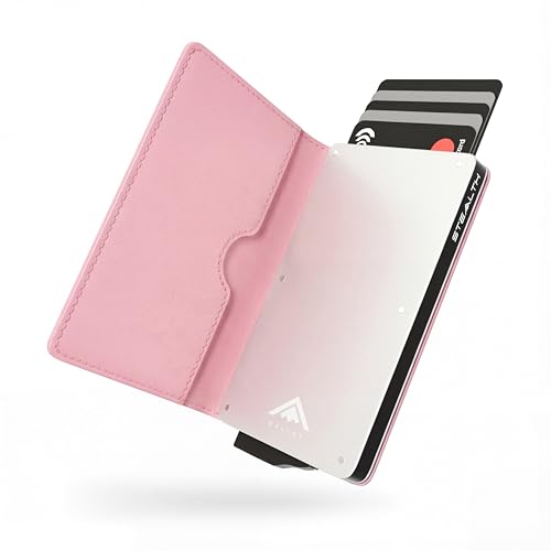 Stealth Wallet - Cartera Delgada, Ligera y Minimalista con Tarjetero de Credito - Carteras Emergentes Seguras con Tarjeteros con Bloqueo RFID/NFC y Caja de Regalo (Aluminio Plata con Cuero Rosa)