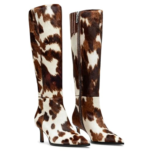 MICIFA Cow Print Knee High Boots for Women Animal Print Tall Boots Stiletto Kitten Heeled Boot Pointed Toe Side Zipper Dress Fall Boot