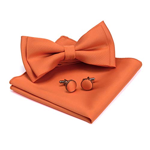 Image of GUSLESON Mens Solid Color Two Layer Pre-tied Bow Tie and Pocket Square Cufflink Set with Gift Box