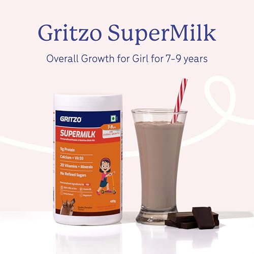 Image of Gritzo SuperMilk Overall Growth (7-9y Girl), Double Chocolate, 400g | 9g Protein with 20 Vitamins & Minerals | Zero Refined Sugar