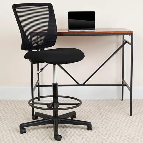Ergonomic Mesh Drafting Stool with Lumbar Support, Adjustable Foot Ring & Swivel Seat – Mid-Back Drafting Chair for Office, Studio, or Reception Use, Black