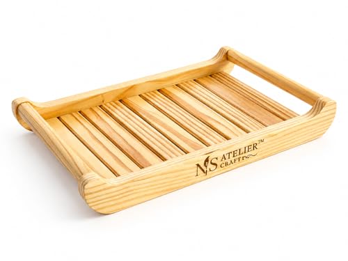 Image of Natural Pine Wood Serving Tray with Handles 12 x 18 x 2.25 Inches Natural Wax Polished Wooden Tray Strong, Easy to Clean Large Serving Tray (1, Large)