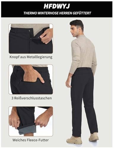 HFDWYJ Thermohose Herren Winter Schoeffel Skihose Herren Wanderhose Outdoor Hosen Für Herren Softshell Hosen Für Klettern Und Wandern Gefüttert Softshellhose Winddicht wasserdichte Hose-schwarz-L