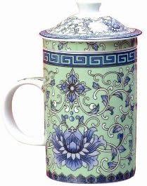 Beautiful Green and Blue Floral Porcelain Tea Cup with Strainer and Lid