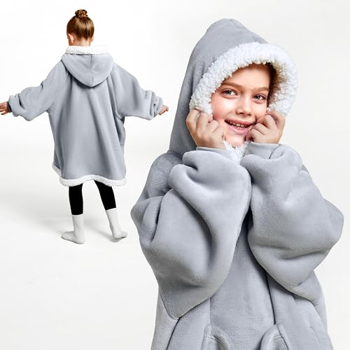 Giggling Getup Wearable Blanket Hoodie for Girls and Boys Sherpa Fleece Hooded Blanket Sweatshirt Warm Cozy Sherpa Wearable Throw Oversized Hoodie with Giant Pocket & Sleeves for Kids Gray