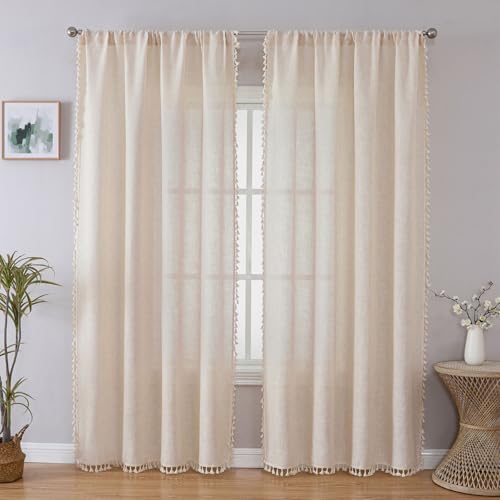 Image of Joydeco Linen Boho Curtains 90 Inch Curtains 2 Panels Set, Boho Curtains for Bedroom Living Room, Super Soft Light Filtering Country Rustic Semi Sheer Farmhouse Curtains Rod Pocket