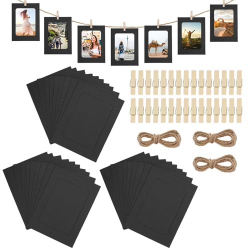 30 molduras de fotos suspensas de papelão 15,5 x 11,5 cm, papel kraft, corda e alicates grinalda de fotos para decoração de parede