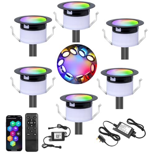 GEYUEYA Home Smart LED Decking Lights RGBW+IC Color Change Deck Light Waterproof IP67 Ø45MM 12V LED Plinth Lights with Remote Control for Terrace/Patio/Festival/Decoration - 6 Pack