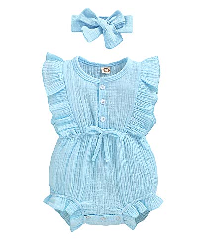 Mioglrie Baby Girl Clothes Ruffle Jumpsuits Cotton Linen Solid Infant Bodysuit Newborn Sleeveless Romper with Bowknot Headband 2PCS Blue 0-3 Months