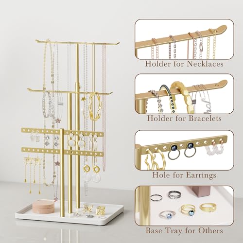 susswiff Jewelry Holder Organizer Stand - Adjustable Jewelry Tree 17.5" Height (Max), Jewlery Hanger for Necklaces, Bracelets, Earrings, Aesthetic for Storage and Display, Metal, Gold and White - Thumbnail 5