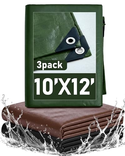 SmoothNovelty 3 Pack Heavy Duty Tarp,10 X 12 Ft,Army Green,Brown,Black