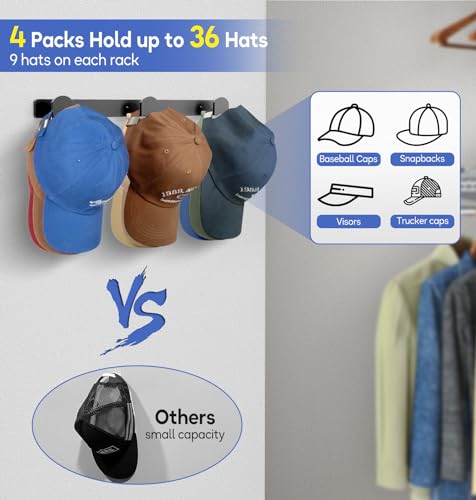 image for KIMBORA 4 Packs Hat Rack for Wall, Hat Organizer for Baseball Caps Hol