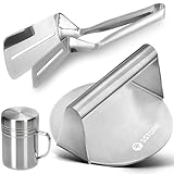 Burger Press Set, 3-in-1 Grill Master Kit, Grill Spatula & Spice Shaker, Stainless Steel Smash Burger Tools for BBQ, Seasoning & Pancakes, Non-Slip, Cookouts Barbecues