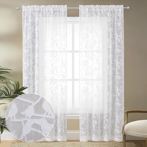 OVZME Textured White Sheer Curtains 84 Inches Long 2 Panels Set, Light Filtering Leaf Bird Jacquard Voile Semi Sheer Curtains for Bedroom, Dual Rod Pocket Farmhouse Window Drapes, 2x38Wx84L Inches