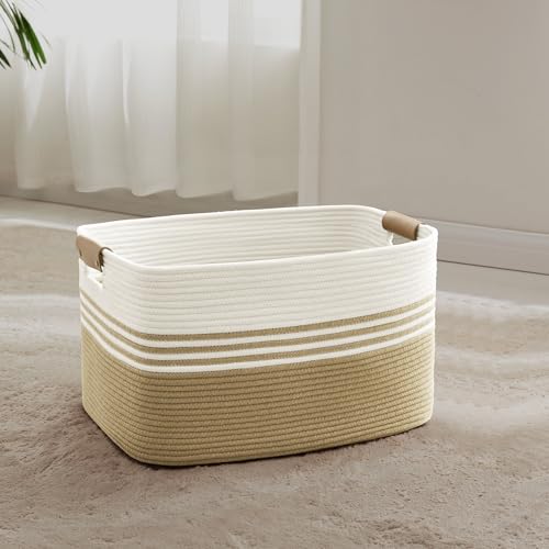 SunNewt 45L Small Woven Laundry Basket Hamper with Leather Handles,Khaki
