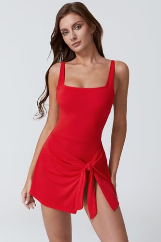 Image of QINSEN Square Neck Swim Dress for Women Tummy Control One Piece Swimsuit Wrap Bathing Suit