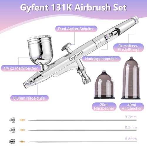 Gyfent Airbrush Set, Airbrushpistole mit 4 Schnelltrenn-Düsen (0,2/0,3/0,5/0,8 mm) Dual-Action-Schwerkraft Air Brush mit 1/4oz Flüssigkeitsbecher und 20/40ml Harzbecher für Nagelkunst Make-up Malerei