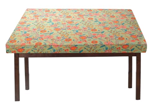 Image of The Furnishing Tree Elastic Cotton Square Dining Table Cover 48x48 in Inches Floral Multicolor on Green Base