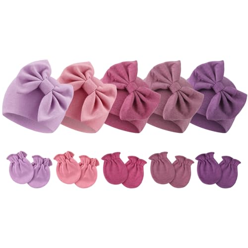 Image of AQOKKA Newborn Baby Bow Hats and Mittens Hospital Hat Beanie Infant Caps Baby Cotton No Scratch Mittens Set for 0-6 Months