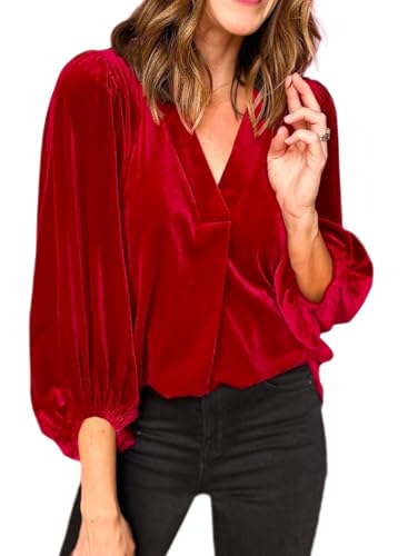 Burgundy Red Velvet Tops for Women V Neck 3/4 Puff Sleeve Fall Winter 2025 Trendy Dressy Casual Loose Christmas Party Holiday Tunic Shirts Blouse M