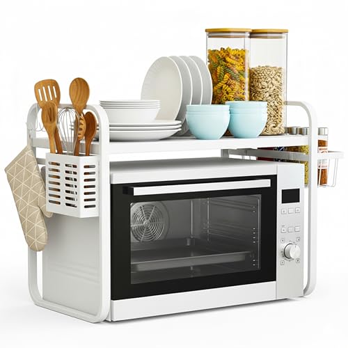 ECASA Expandable Microwave Stand 2-Tier Height Adjustable Kitchen Rack with Hooks for Utensils Plates and Appliances Countertop & Floor Organizer Black & White (White)