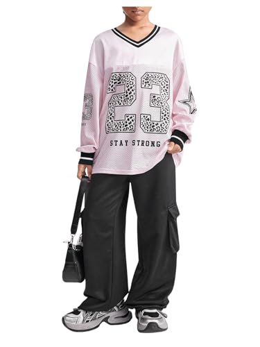 SweatyRocks Girl's Number Graphic Letter Print T Shirt Long Sleeve V Neck Casual Mesh Tees Top4