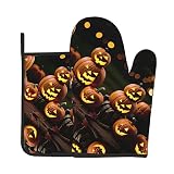 Pumpkin Skeleton Oven Mitts and Pot Holders Sets Oven Gloves 2 Pcs for Kitchen Baking Cooking