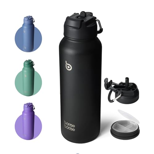 BOTTLE BOTTLE 40 oz sports water bottle stainless steel insulated water bottle with straw and pills holder (black)