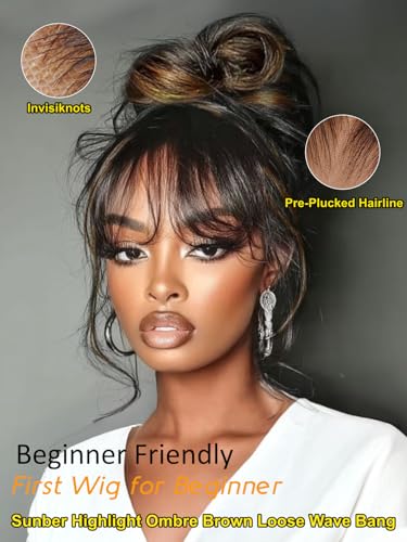 Image of Sunber Ombre Brown Highlight Balayage Loose Body Wave With Bangs Glueless Wigs Pre cut 7x5 HD Lace Front Bye Bye Knots Drawstring Wig 24Inch Put On Go Pre Plucked Bleached Invisible Knots 180% Density