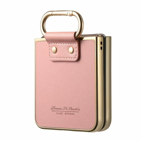 Image of for Motorola Razr 50 Ultra 5G Case Electroplating Leather Coated PC Phone Cover with Spring Ring Buckle Kickstand - Pink