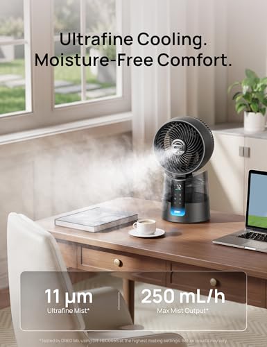 Image of DREO TurboCool Misting Fan 516S, 150+30 Omni-directional Oscillating Smart Desk Cooling Fan,Evaporative Air Cooler, 26 ft /s, Ultrafine Mist, 20dB, 6 Speeds 2 Modes, Remote & APP Control, RGB, Grey