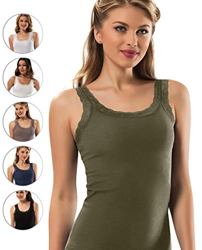 Image of VAVONNE Lace Camisole Tank Tops for Women, Soft Stretch Ribbed Cotton Cami