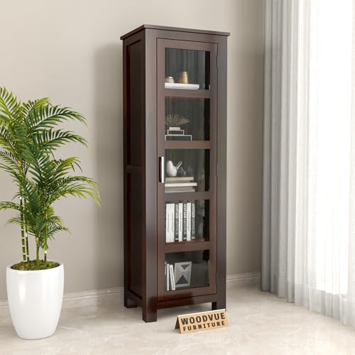 Image of Sheesham Wood Corner Book Shelf with Acrylic Glass Door | Wooden Sideboard Crockery Cabinet with 5 Shelf Storage | Kitchen Display Unit | Bookshelf for Home Library | Walnut Finish