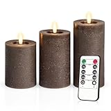 braune kerzen kaufen  Meisterhome® 3er-Set Flammenlose LED Kerzen - Braun - Rustik Design Stumpenkerze - mit Fernbedienung – mit Timer - Batteriebetrieben – Warmweiß - 10/12,5/15 cm hoch - mit flackernder Flamme