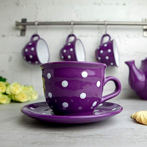 City To Cottage Handmade Purple And White Polka Dot Large Ceramic 12Oz/350Ml Cappuccino Coffee Tea Cup And Saucer, Unique Designer Pottery For Tea Lovers #TOP1