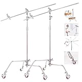 PAQUET INCLUS: (2) C-Support, (2) Bras de perche, (4) Tête de poignée, (6) Roulettes pivotantes 25mm; C'est un excellent support pour la plupart des équipements photographiques, tels que la boîte à lumière, les parapluies, la lumière stroboscopique et le réflecteur. REMARQUE: Le monolight n'est pas inclus