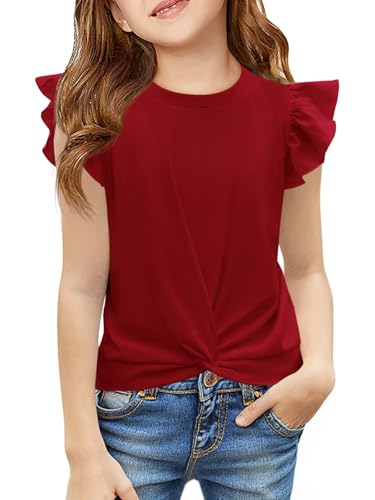 Image of Haloumoning Girls Ruffle Sleeve T Shirts Summer Crewneck Shirt 5-14 Years
