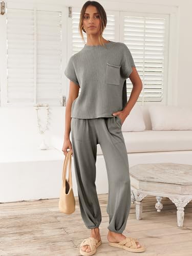 Image of ANRABESS Women's Two Piece Outfits Sweater Sets Knit Pullover Tops and High Waisted Pants Tracksuit Lounge Sets