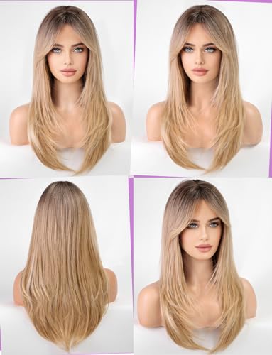 WOKESTAR Long Straight Wigs for Women with Curtain Fringe Layered Synthetic Color Hair(Blonde with Dark Roots) - Image 2