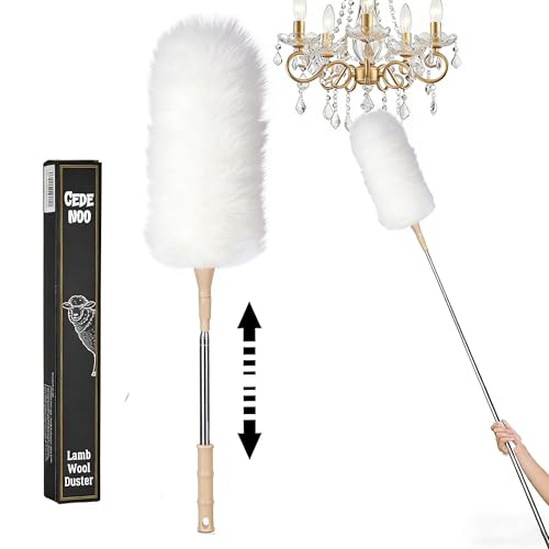 Lambswool Duster Extendable 22–55 Inch Natural Wool Duster with Flexible Head for Ceilings Furniture Blinds Electronics Washable Reusable White
