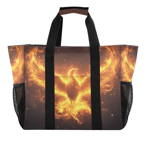 Large Waterproof Travel Tote Bag for Women Men, Phoenix Flames Canvas Beach Bag with Lining & Pockets - Reusable Grocery/Laundry/Kitchen/Pool/Picnic Tote (15.4x9.8x12.8in)