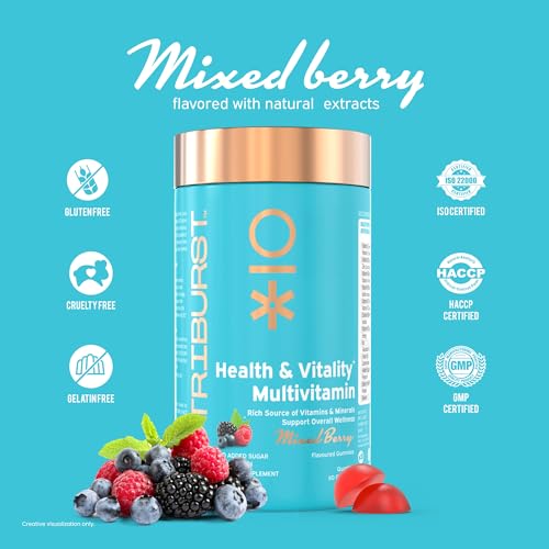Image of Nutriburst Health & Vitality Gummies with Multi Vitamins A, B, C, D, E & Biotin | No-Added Sugar| Mixed Berry Flavor |100% Vegetarian| 60 Gummy (Pack of 2)