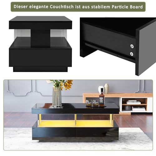 ModernLuxe Coffee Table with 2 Drawers and Open Storage Space, Black High Gloss Living Room Tables with 16 Colors LED Lights, Rectangular Coffee Tables for Living Room 100 * 60 * 49.5 cm - Image 7