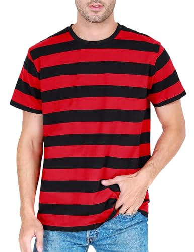 COSAVOROCK Camiseta Rayas Hombre Camisa de Algodón de Manga Corta y Cuello Redondo, Rojo y Negro, XL