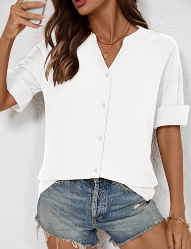 LOMON Womens 3/4 Sleeve Button Down Shirts Cotton Linen Roll Up Short Sleeve Tops V Neck Casual Loose Fit Blouses4