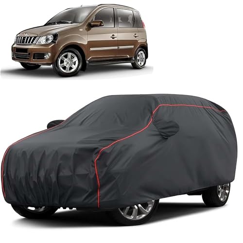 Image of Sulfar 100% Water Resistant Car Body Cover Compatible with Mirror for Mahindra Quanto (Triple Stitched, Full Bottom Elastic, Dark Grey Taffeta with Red Piping)