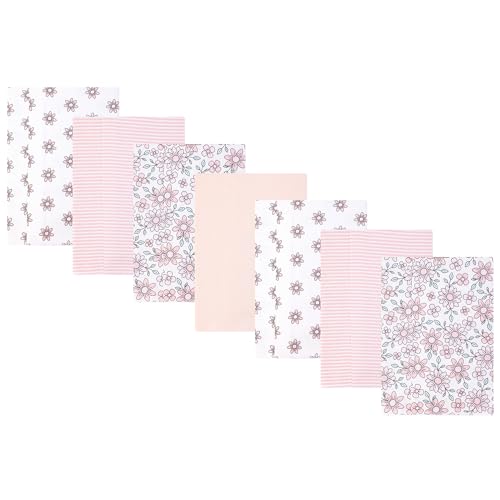 Image of Hudson Baby Infant Girls Cotton Flannel Burp Cloths 7-Pack, Pink Mint Floral, One Size