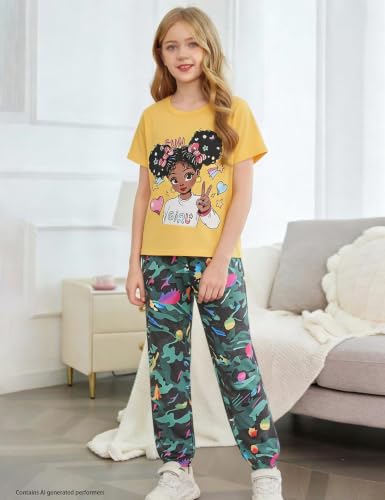 Image of mksodop Girls Outfit Set Graphic T Shirt and Camo Jogger Pants Cute Casual Clothes for Girls 5-16 Years