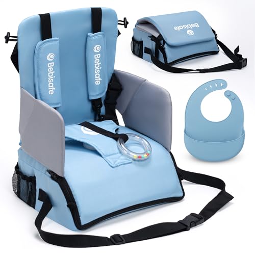 BEBISAFE | Tronas de Bebe - Trona Portatil Bebe Plegable - Alzador Silla para Niños comer - De Viaje Portatil y Plegable - Alzador Silla comer - Elevador para niños - Incluye Babero Silicona (Azul)